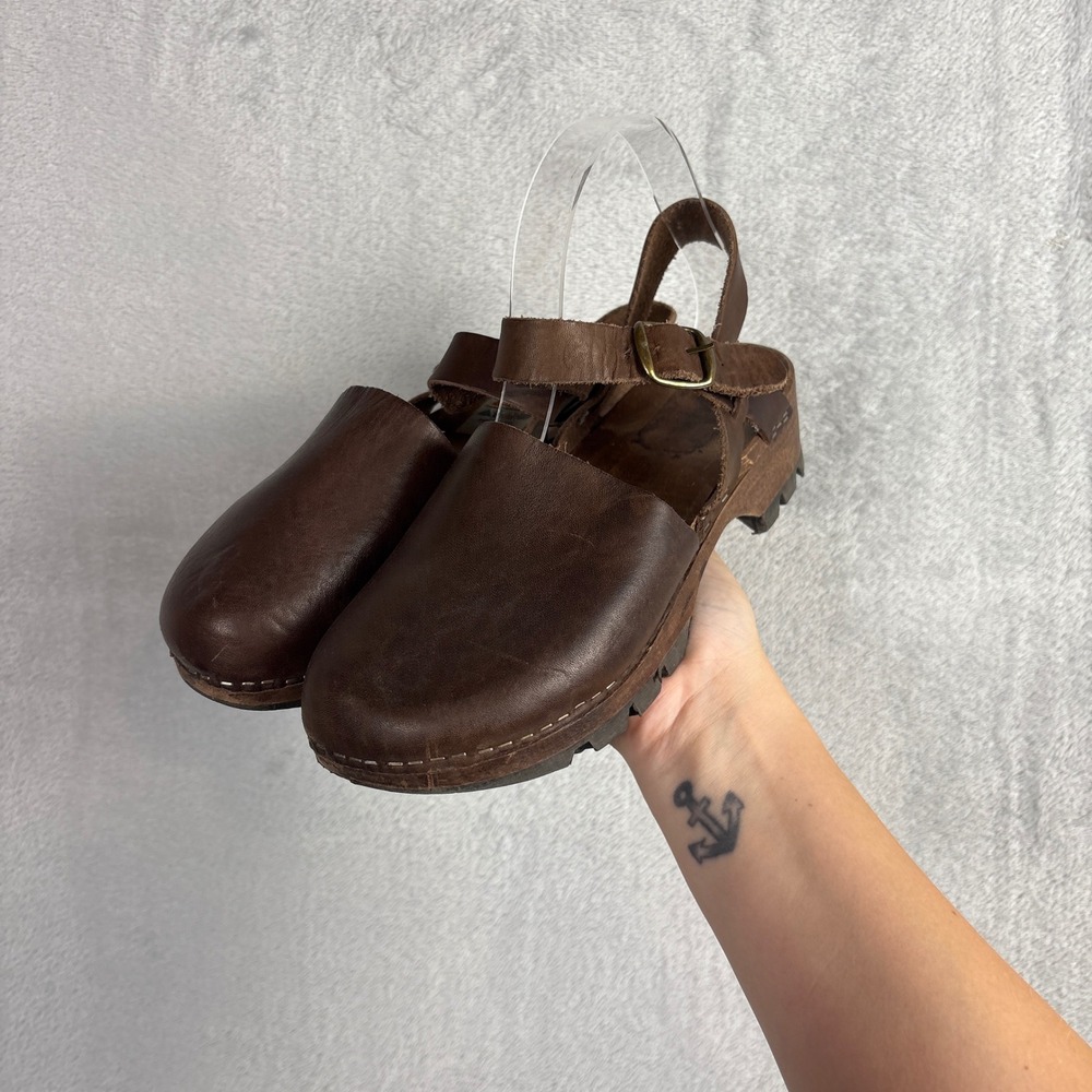 Vintage Aldo Brown Leather Wooden Clogs Slingback Made in Italy 38 Lug Sole